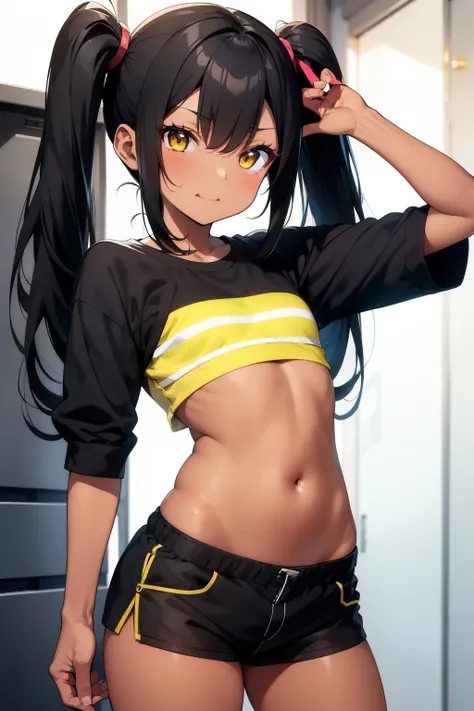 Anime style  , young girl  , black hair twintails ,  smug expression ,provocante  ,black skin , dark skin , yelow  top curto ,belly , flat chest , very short shorts , micro shorts,  sexy . Diabinha. Provocation 