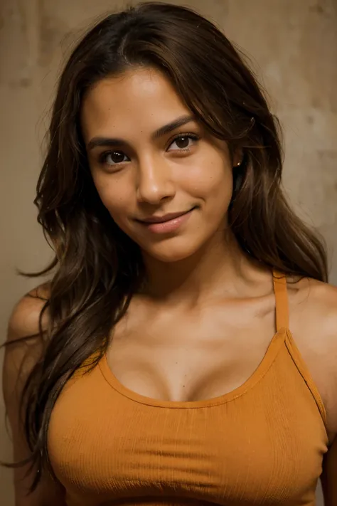 wavy, light brown haired, bronze-tanned, dark-tanned, dark eyed, silly faced, serious looking, wearing piercing, fit, orange top wearing, hispanic, mexican, grinning ladys face, portrait, front view, headshot, head image