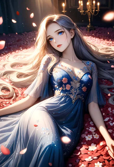 a pretty girl laying on a bed covered with flower petals, majestic evening dress, detailed face, beautiful blue eyes, long eyelashes, delicate lips, long flowing hair, intricate floral embroidery on dress, dramatic lighting, warm tones, cinematic compositi...