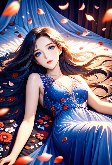 a pretty girl laying on a bed covered with flower petals, majestic evening dress, detailed face, beautiful blue eyes, long eyelashes, delicate lips, long flowing hair, intricate floral embroidery on dress, dramatic lighting, warm tones, cinematic compositi...