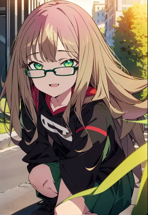 minami yume ,sss Dynazenon ,Long Hair, Brown Hair, (Green Eyes:1.5) ,Center of chest,hair band,happy smile, smile, Open your mouth, Black-rimmed glasses,Oversized red hoodie,Blue long skirt,short boots,Walking,whole bodyがイラストに入るように
break looking at viewer,...