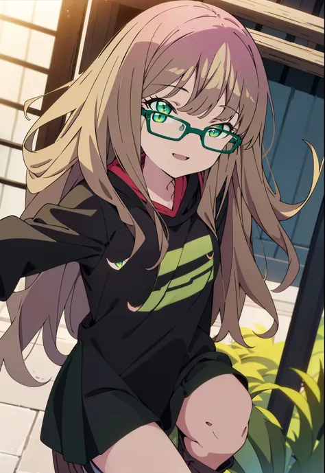 minami yume ,sss Dynazenon ,Long Hair, Brown Hair, (Green Eyes:1.5) ,Center of chest,hair band,happy smile, smile, Open your mouth, Black-rimmed glasses,Oversized red hoodie,Blue long skirt,short boots,Walking,whole bodyがイラストに入るように
break looking at viewer,...