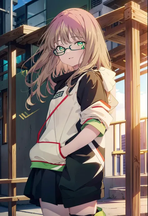 minami yume ,sss Dynazenon ,Long Hair, Brown Hair, (Green Eyes:1.5) ,Center of chest,hair band,happy smile, smile, Open your mouth, Black-rimmed glasses,Oversized red hoodie,Blue long skirt,short boots,Walking,whole bodyがイラストに入るように
break looking at viewer,...