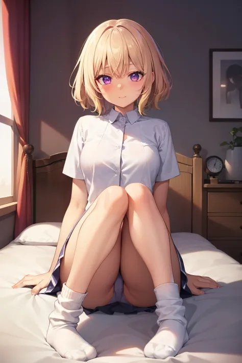 (Tabletop, Highest quality, Super detailed), One Girl, Purple eyes, Blonde Hair, Dark Skin, Short Hair、Perm Hair、((loose socks))、(Bedroom)、(Socks up to the knee)