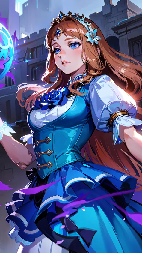 A beautiful anime-style princess, Guinevere from Mobile Legends, wearing a violet dress, surrounded by light blue roses, radiating magical powers, extremely detailed face and eyes, elegant pose, fantasy landscape background, cinematic lighting, highly deta...