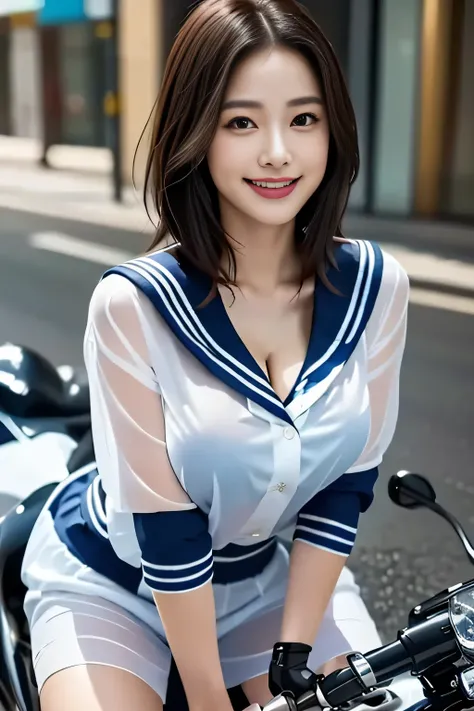 Big and ample breasts、(((A sheer white sailor suit that clings to the chest,school uniform:1.7))),(((A woman wearing a see-through sailor suit:1.7 ))),(((A woman riding a colorfully custom-painted motorcycle through the city:1.7))), Shiny light brown and o...