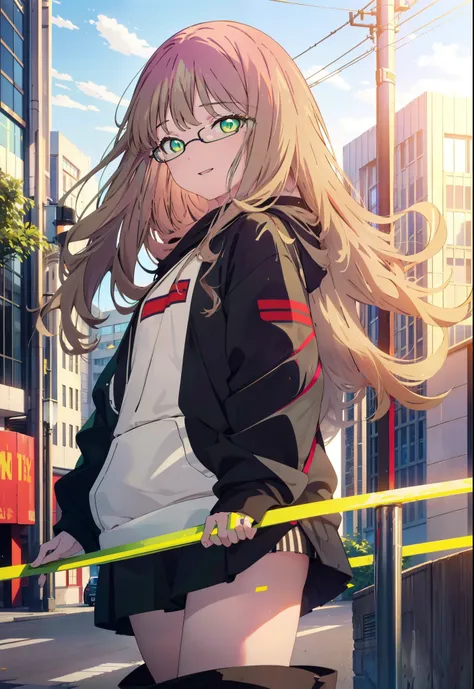 minami yume ,sss Dynazenon ,Long Hair, Brown Hair, (Green Eyes:1.5) ,Center of chest,hair band,happy smile, smile, Open your mouth, Black-rimmed glasses,Oversized red hoodie,Blue long skirt,short boots,Walking,whole bodyがイラストに入るように
break looking at viewer,...