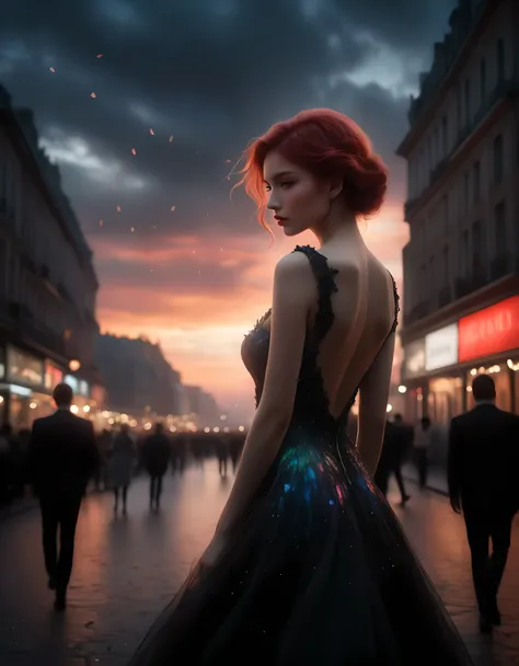 ((Masterpiece in maximum 16K resolution):1.6),((soft_color_photograpy:)1.5), ((Ultra-Detailed):1.4),((Movie-like still images and dynamic angles):1.3) | ((double contact):1.3), ((Romantic Supermodel beauty with evening dress silhoutte effect):1.2), ((Super...