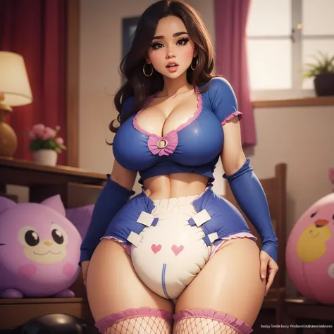 A sexy busty American woman wearing a (big bulbous puffy diaper), wide hips, heart emojis, fishnet stockings, seductive, flirty, ((mommydom)), playroom, jeans, white shirt, (latina woman)