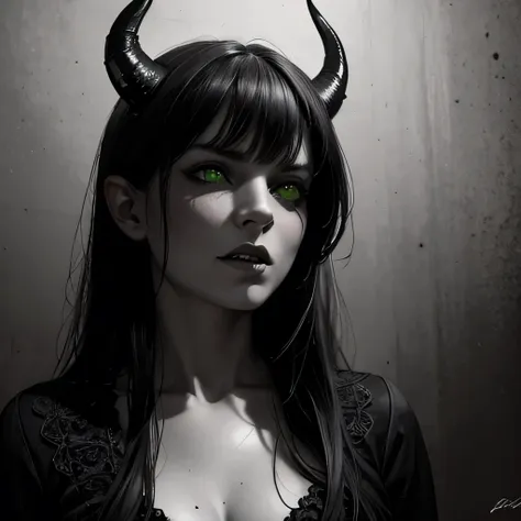 "(best quality,highres),(realistic,photo-realistic:1.37),(horror,portraits,black and white:0.9),devil horned girl,green eyes,int...