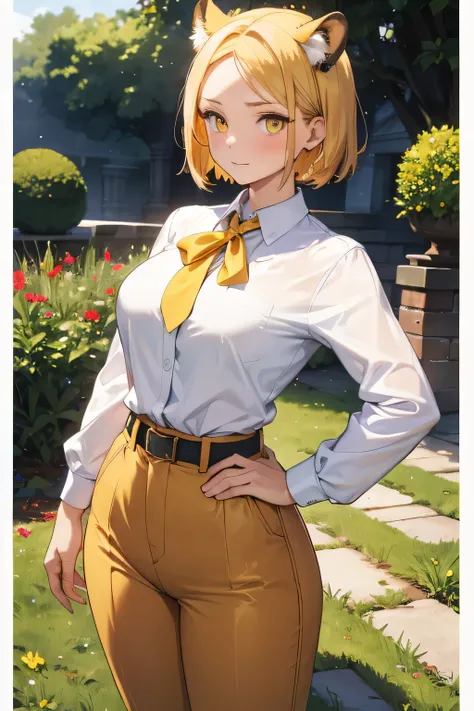 1 girl, single girl, cute, short hair, short brown-yellow hair, yellow eyes, impassive face, big breasts, big hips, cheetah ears, cheetah tail, white blouse, wide brown pants, in a mansion, in a garden