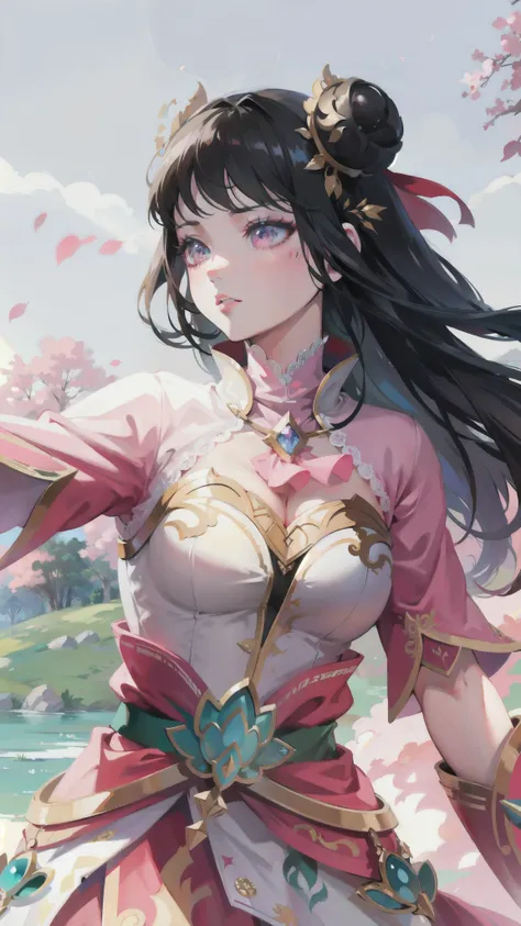 1 anime girls, guinevere character from mobile legends, pink shirt, eyes looking at right hand, carrying lotus flower in right hand, river background, highly detailed, 8k, photorealistic, masterpiece, hyper realistic, extremely detailed face and eyes, beau...