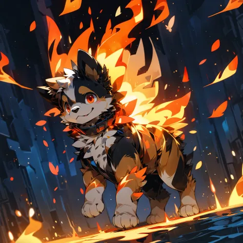 1animal,master piece,High quality,(four-legged shepherd who manipulates flames),perfect background,cute,red eye,