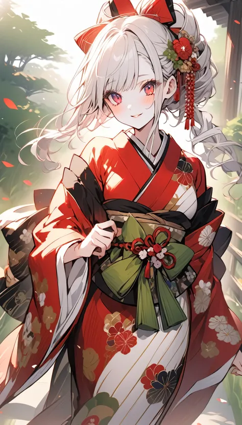 Beautiful courtesan from Edo Japan, white hair, pale skin, crimson red eyes, soft expressions, elegant kimono of a geisha, traditional geisha hairstyle, walking in a green garden