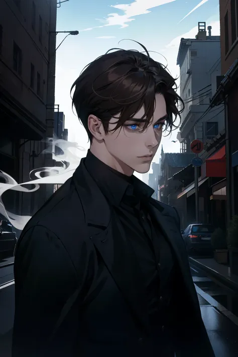 (absurderes, high resolution, ultra detaild)work of art, best qualityer, 1 men,,  Dynamic light and shadow. Brown hair. blue eyes.  Dark photo. black wings. Smoke. Night city. 