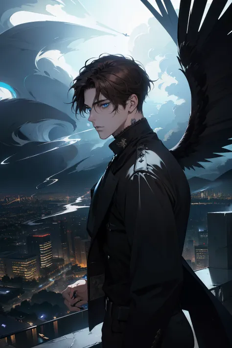 (absurderes, high resolution, ultra detaild)work of art, best qualityer, 1 men,,  Dynamic light and shadow. Brown hair. blue eyes.  Dark photo. black wings. Smoke. Night city. 