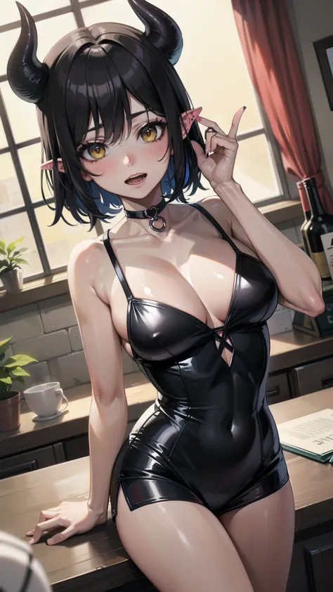 Devil Girl, Black Hair, Pointed Ears, Yellow Eyes, short hair, choker, , Devil horns, Devil&#39;s Tail, Red Corner, break (Sticking out tongue:1.2, Black mini skirt:1.2, Gold Bikini:1.5, Gold Micro Bikini, shirt:1.2), (Red skin:1.8), Shiny skin, On the bed...