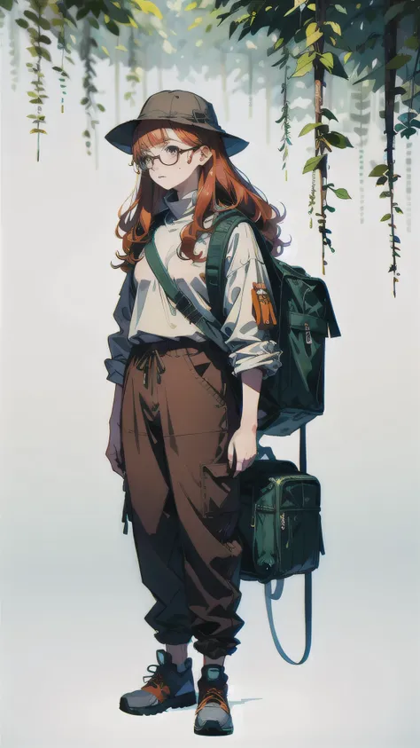 1 Girl、adventure、adventure者、Glasses、Bucket hat、brown、Trekking shoes、pants、rucksack、Mountaineering、Dense forest、Oil painting、Redhead、Long Hair、Fluffy hair、Natural Curl、freckles、quiet、Calm、whole body、Are standing、Gray background、Highest quality、masterpiece