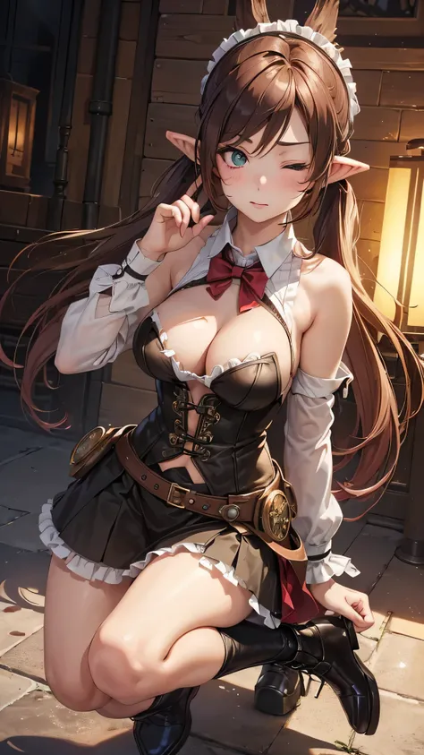 "(street steampunk clothes)),((Mexicana peliroja, white skin)),((Twintail)),(1solo),(1 girl view),full_body, 1 girl view,female, young, 17 years old, (long hair), ((red-light brown hair)), cute anime face, ((pointy_ears, seductive pose, flirty with one eye...