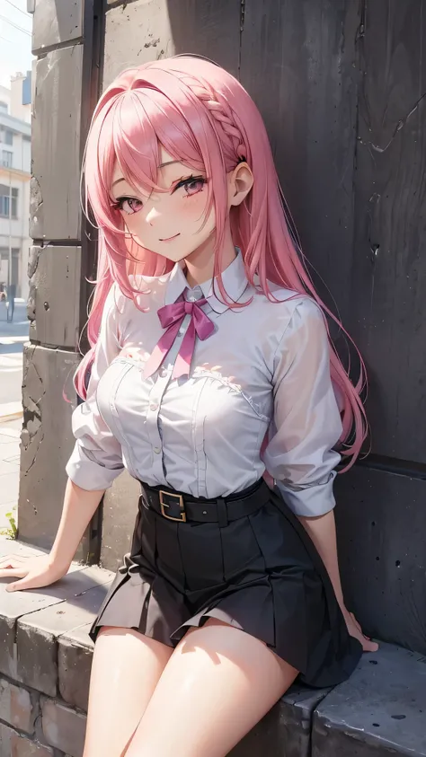 Entire image with intricate professional level details: "(A young 16 year old girl with vibrant pink hair, open legs, dressed in a very thin low-cut and unbuttoned white shirt almost transparent as air, with a corset and several belts, very short pleated b...