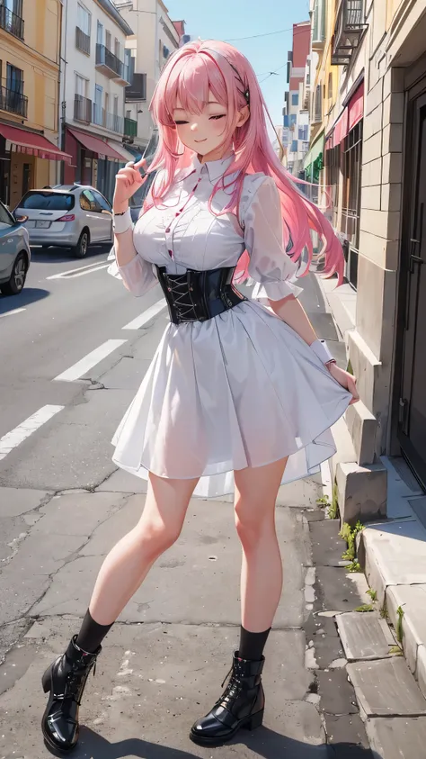 Entire image with intricate professional level details: "(A young 16 year old girl with vibrant pink hair, open legs, dressed in a very thin low-cut and unbuttoned white shirt almost transparent as air, with a corset and several belts, very short pleated b...