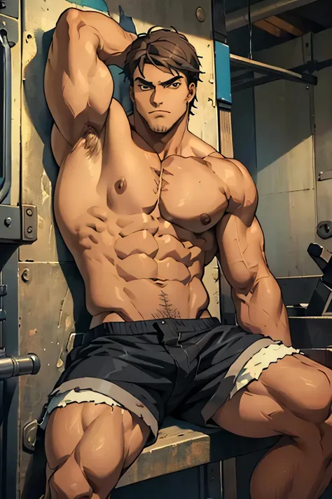 Jean is sitting and flexing his buff biceps and thighs. He wears black short boxershorts. You can see his thighs. He is shirtless. He is showing his abs too. He is admiring his arms.