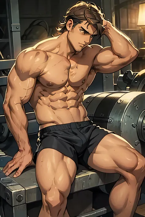 Jean is sitting and flexing his buff biceps and thighs. He wears black short boxershorts. You can see his thighs. He is shirtless. He is showing his abs too. He is admiring his arms.