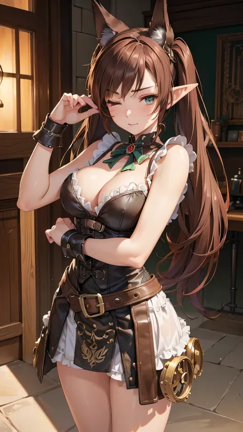 "((short steampunk corse)),((Mexicana peliroja, white skin)),((Twintail)),(1solo),(1 girl view),full_body, 1 girl view,female, young, 17 years old, (long hair), ((red-light brown hair)), snowflakesdetailed cute anime face, ((pointy_ears, seductive pose, fl...