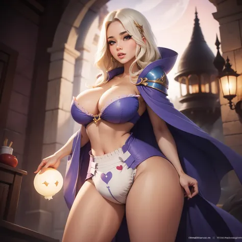 A sexy busty sorceress woman wearing a (big bulbous puffy diaper), wide hips, heart emojis, seductive, flirty, magical fog, atmospheric, magical charms, magic spell, sorceress robe, magic