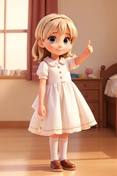 A five-year-old girl with a cute appearance, wearing a white dress, raising her right hand and giving a thumbs-up like