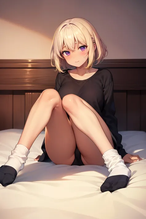 (Tabletop, Highest quality, Super detailed), One Girl, Purple eyes, Blonde Hair, Dark Skin, Short Hair、Perm Hair、((loose socks))、(Bedroom)、(長いloose socks)