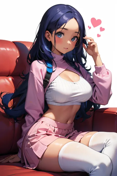 1 girl, single girl, sexy girl, wavy blue hair, dark skin, tanned skin, big breasts and wide hips, pink top with a heart-shaped neckline, a small white sweater, a small dark pink skirt, a long pink boot, telephone on one side, in an Penthouse