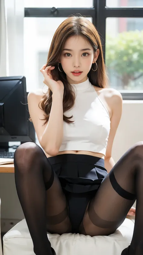 16K quality、Highest quality、It is high resolution.、Real photo、(Teenage Japanese Girl)、ＫPOP Idol、((Sit with your legs spread in an M shape))、((清楚なofficeレディ、White blouse、Black tight skirt))、((Her skirt flips up to show her black pantyhose))、((office、office、d...