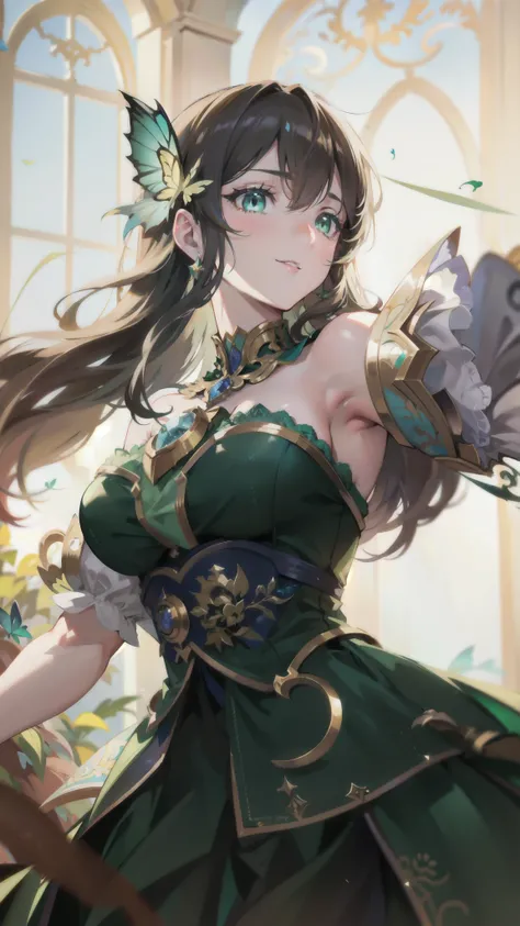 a beautiful 2D anime girl, 1girl, guinevere mobile legends hero, royal princess, green butterflies, green clothes, happy smiles, beautiful eyes looking upwards to the left, extremely detailed face and eyes, masterpiece, 8k, photorealistic, studio lighting,...