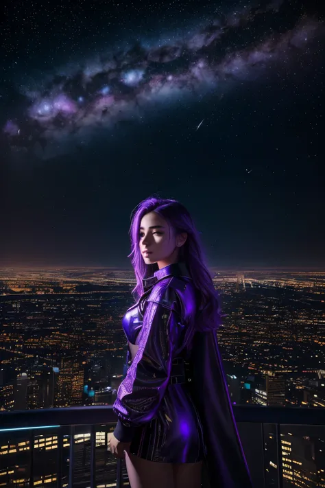 A beautiful girl under a starry night sky, the constellations of the zodiac visible as if they were vibrant nebulae in shades of purple, a vast cosmic expanse surrounding her, in the distant background a cyberpunk city skyline at the bottom of the frame, c...