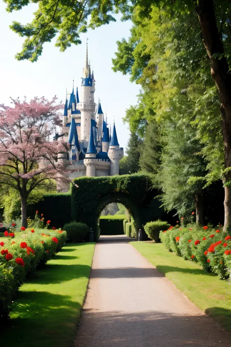 a magic world, where the houses and characters from all the fairy tales are and in the center of the place is a very pretty and striking flower.