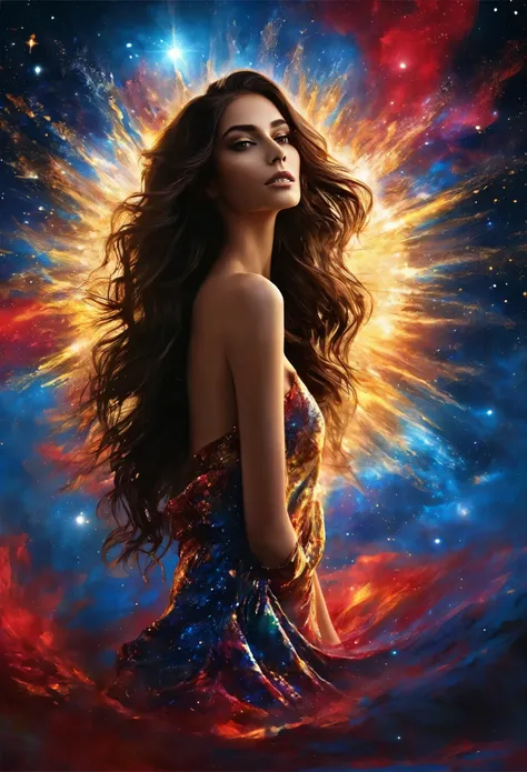 **Digital painting of the full-length silhouette of a beautiful, beautiful and unique Brazilian model, perfect face, dark brown eyes and long hair cascading in and around A supernova that lights up spectacularly, shines brightly in the middle of the darkne...