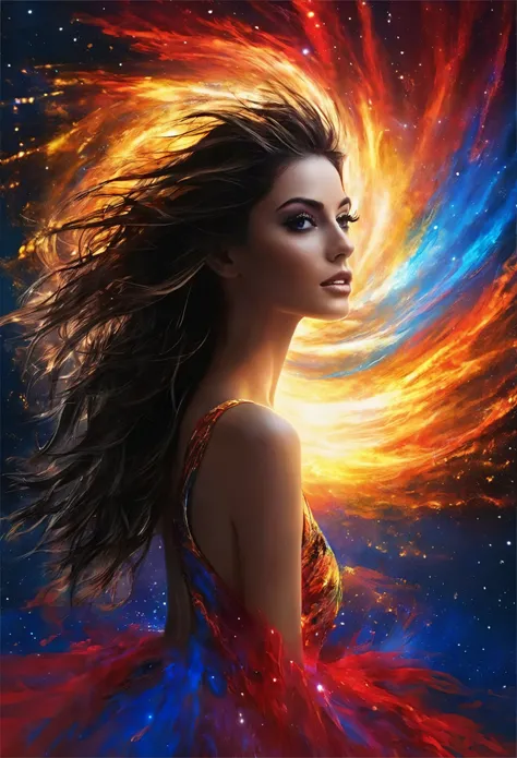**Digital painting of the full-length silhouette of a beautiful, beautiful and unique Brazilian model, perfect face, dark brown eyes and long hair cascading in and around A supernova that lights up spectacularly, shines brightly in the middle of the darkne...