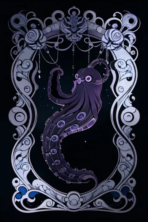 octopus Tentáculos are purple and blue with black dots on them, arte vectorial por Tom Wänerstrand, contraventana, Art Nouveau, twisted Tentáculos, Tentáculos around, ornate Tentáculos growing around, many Tentáculos, octopus Tentáculos, Tentáculo motifs, ...