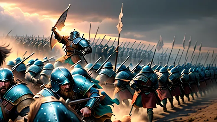 blurred image of a large group of armed men, background of the invading army, raiding the army fund, huge armies, epic battle scene, medieval fantasy battle, leading Spartans into battle, an epic viking battle scene, heroic battle scene, batalha em grande ...