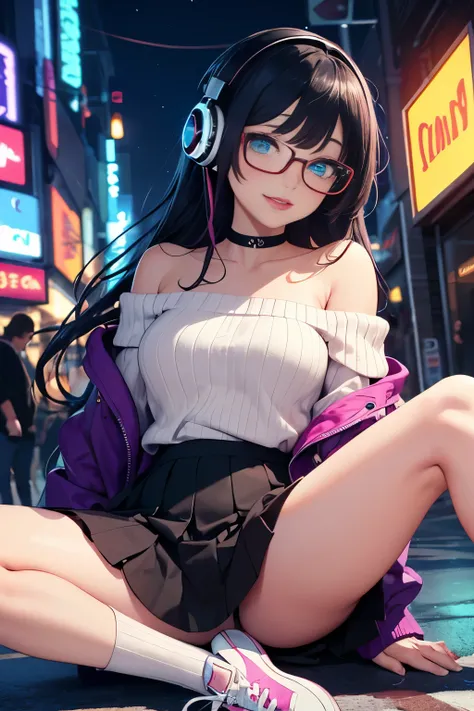 ((best quality)), ((masterpiece)), ((detailed eyes)), perfect face, female, gamer girl, ((aqua eyes)), (cherry-red lips), light smile, long black hair, purple streaked hair, wearing headphones, bangs, ribbon, choker, nerdy glasses, she is wearing white off...