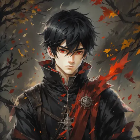 (Masterpiece artwork, best qualityer: 1.2) Anime boy, black hair , red eyes , medieval clothes