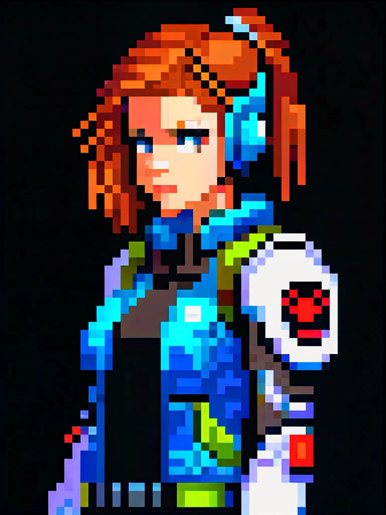 Full body, black background (Pixel art:1.2) futuristic, kate mara, perfect face, black and white padded vest, futuristic female with cyberpunk helmet, futuristic soldier, fierce and strong, black background, strong body, half body portrait