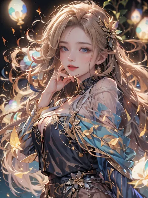 (8K, Highest quality, masterpiece: 1.2), (Realistic, photo Realistic: 1.37), Very detailed, One Girl, Wide viewing angles, Firefly Garden, Small faint lights and flying fireflies, night, Yasutomo Okas Painting style, Large, firm, swaying bust, I can see he...