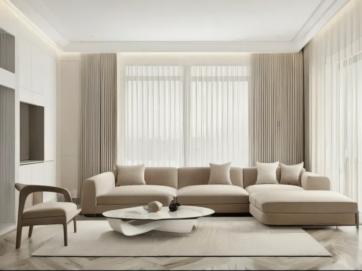 in the soft morning glow, the family living room takes on a serene and minimalist aesthetic. the delicate morning sunlight dance...