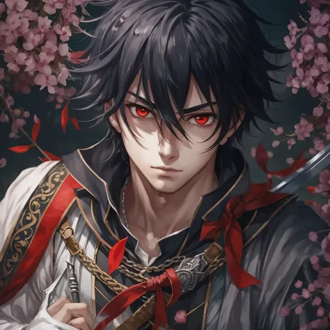 (obra-prima, melhor qualidade: 1.2) anime boy, black hair , red eyes , medieval clothes , swordsman