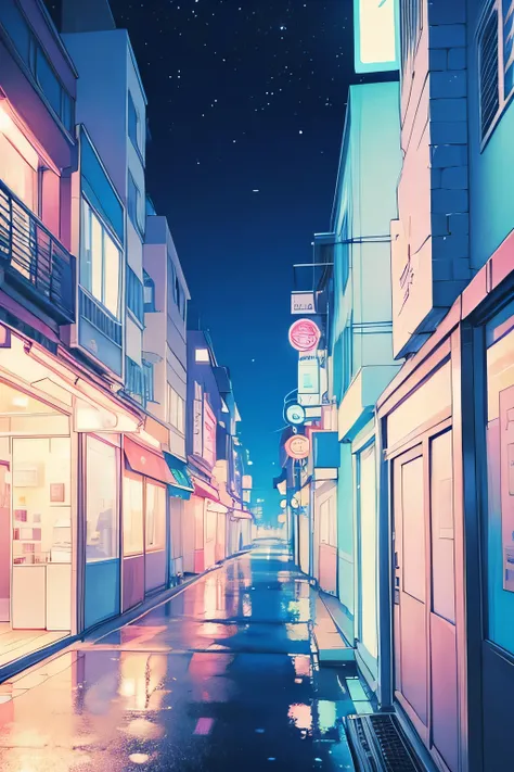  big city, cozy ambient, blue pastel palet, lofi vibes, anime style, very cute, night time, no people