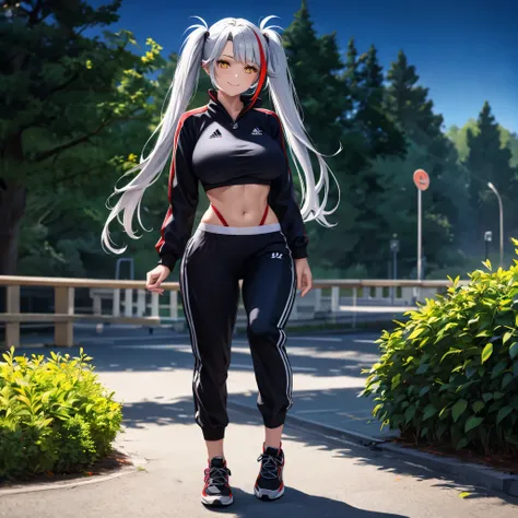 a woman wearing a black adidas sweatshirt, black adidas track pants, sports shoes, silver hair, pigtails, red bangs, multi-color...