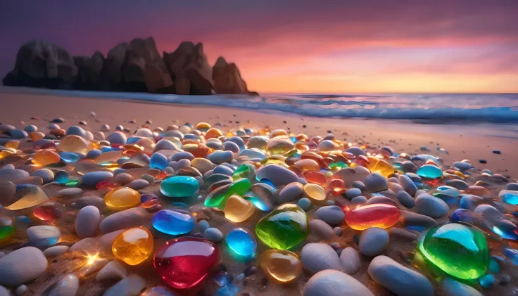 8k wallpaper，Rainbow Colors，Crystal clear pebbles，Beach，Glowing Pebbles，Fantastic lighting，Textured pebbles