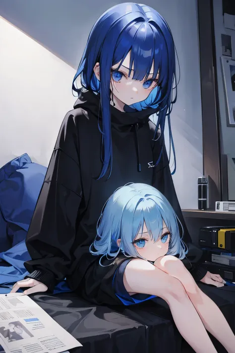 blue hair girl, wearing a black sweatshirt and black shorts, under a blanket holding a flashlight in fear and next to it was a clone with a serious face